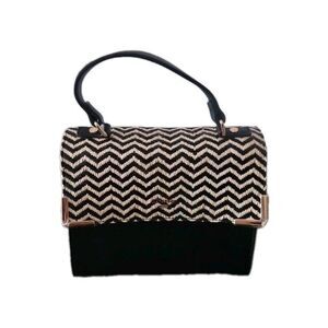 DUNE Black & Beige Raffia Handbag With Detachanble Wallet Rose Gold Accents